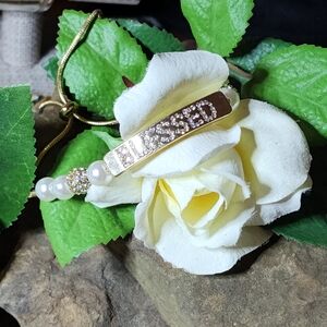 Gold-toned "Blessed" Adjustable Slider Bracelet with Crystal & Faux Pearl Beads